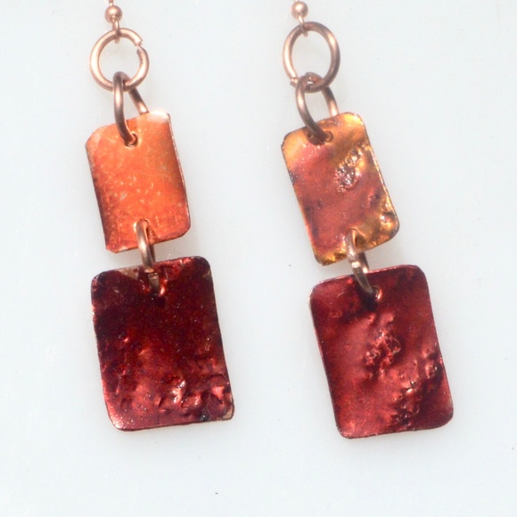 Modernist Minimalist Red Orange Pure Copper Earrings Brutalist Rustic Drop Gift - Picture 3 of 5